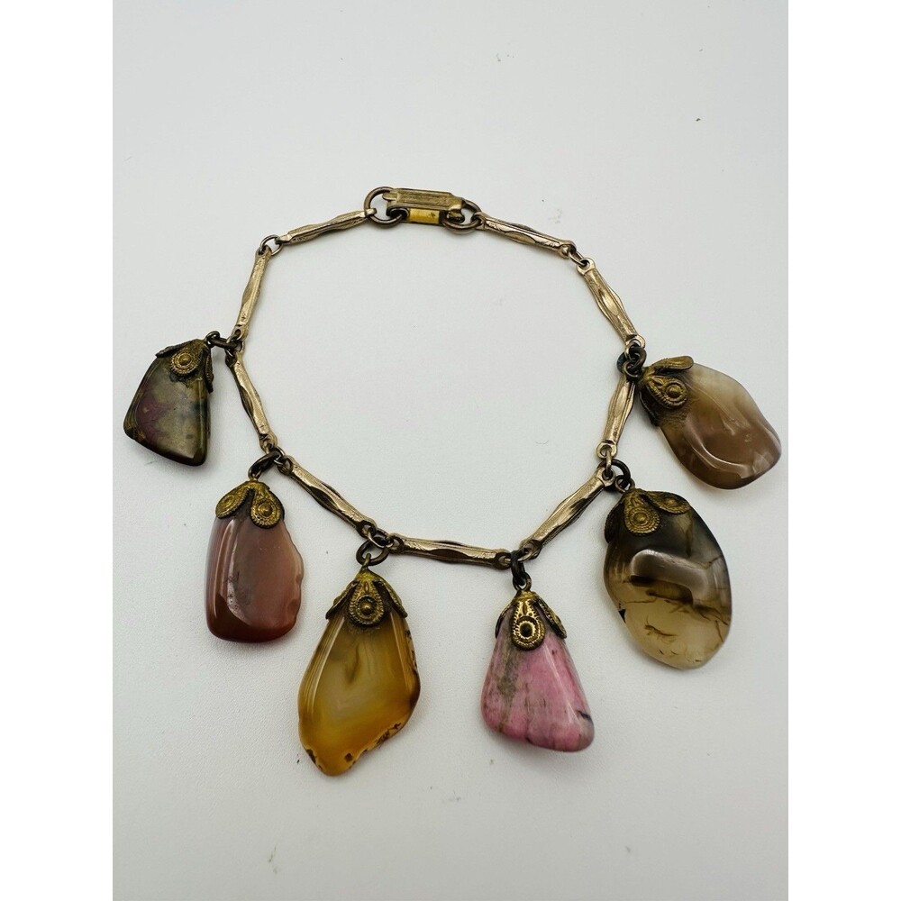 Vintage Natural Polished Agate Charm Bracelet Gold Tone